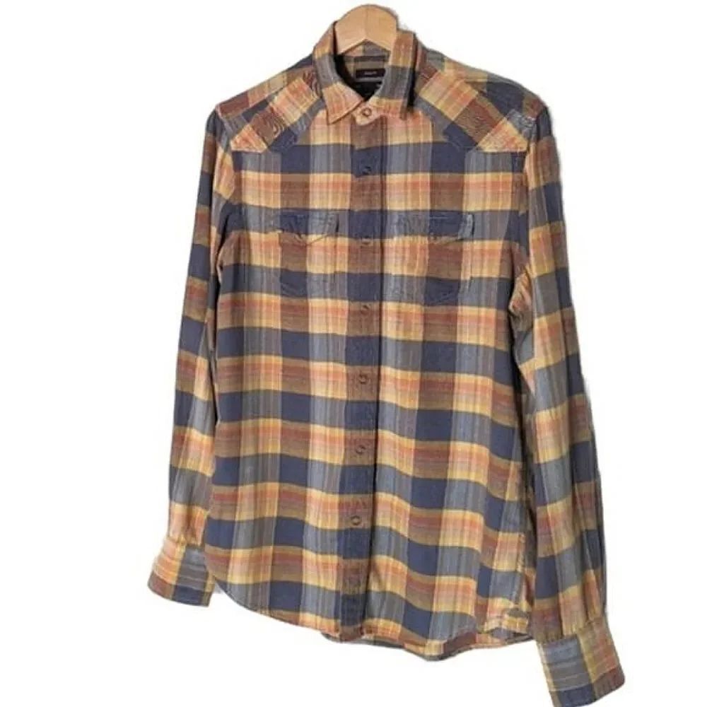 Vintage Gap Classic Fit Gold & Blue Plaid Snap Down Shirt Size XS